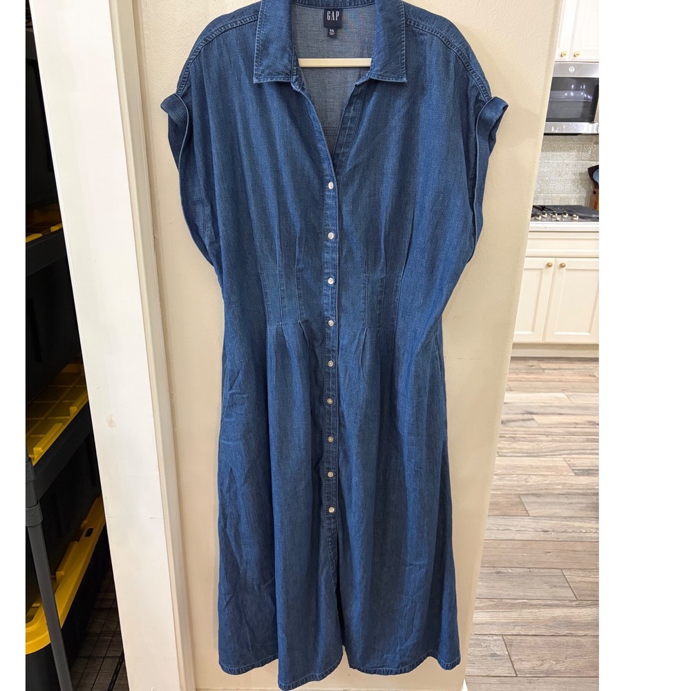 GAP XXL Denim Maxi Dress 100% Cotton Button Front Pockets Chambray Blue - Picture 2 of 7